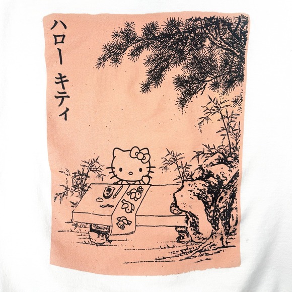 Sanrio Hello Kitty Tops - Sanrio Hello Kitty Hoodie Medium White Japanese Woodblock Print Graphic Pullover